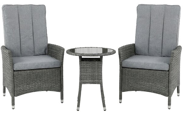 Outsunny Rattan Bistro Set, Reclining Garden Chairs and Glass Coffee Table with Cushions for Patio Balcony Porch, Grey