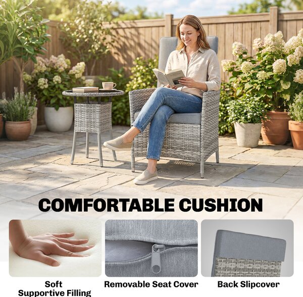 Outsunny Rattan Bistro Set, Reclining Garden Chairs and Glass Coffee Table with Cushions for Patio Balcony Porch, Light Grey