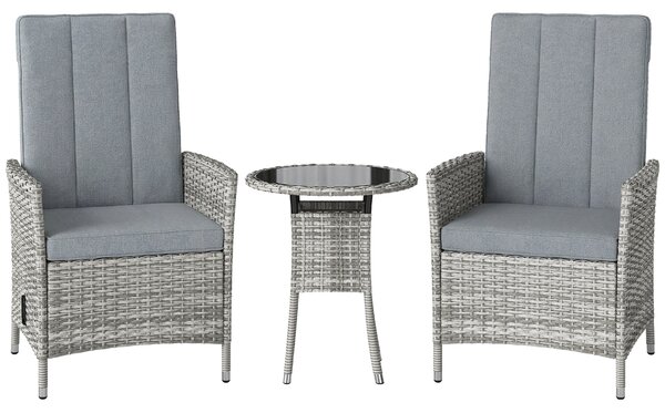 Outsunny Rattan Bistro Set, Reclining Garden Chairs and Glass Coffee Table with Cushions for Patio Balcony Porch, Light Grey