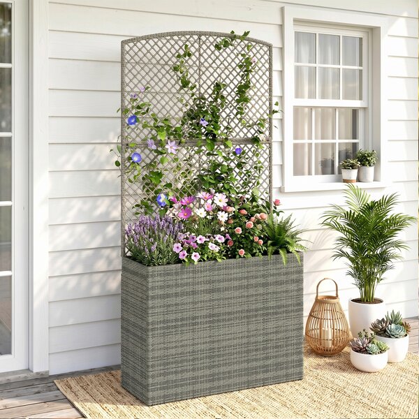 Outsunny Rattan Planter with Trellis, Raised Beds for Garden with Liner for Climbing Plants Vegetables Flowers, Dark Grey