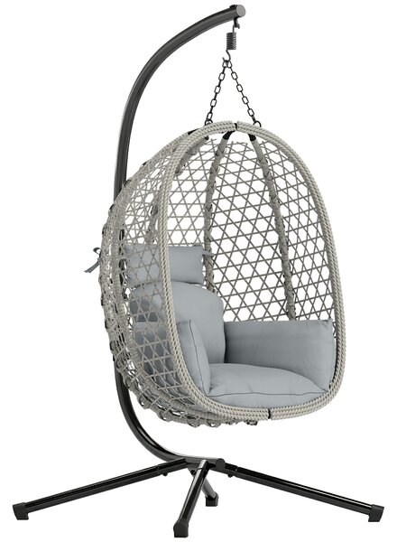 Outsunny Hanging Egg Chair, Indoor Outdoor Rattan Hammock Swing Chair with Stand, Safety Strap, Foldable Basket, Light Grey