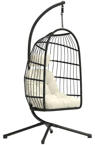 Outsunny Hanging Egg Chair, Indoor Outdoor Hammock Swing Chair with Stand, Safety Strap, Foldable Basket, Black/Cream White