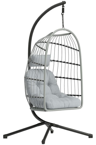 Outsunny Hanging Egg Chair, Indoor Outdoor Hammock Swing Chair with Stand, Safety Strap, Foldable Basket, Light Grey