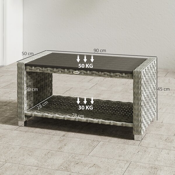 Outsunny Outdoor Side Table with 2-tier Storage Rattan End Table for Patio 90 cm Grey