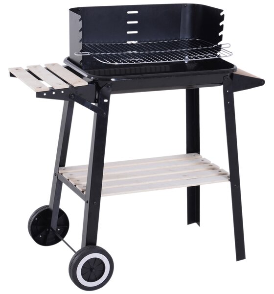 Outsunny BBQ Grill Trolley Charcoal BBQ Barbecue Grill Outdoor Patio Garden Heating Smoker with Side Trays Storage Shelf and Wheels