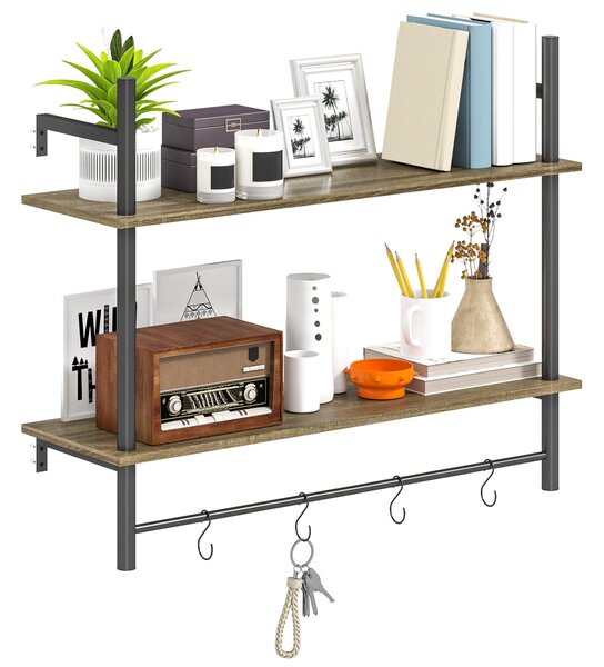 HOMCOM Wall Mounted Floating Shelves with 4 Hooks, Rustic Wall Shelf Unit for Living Room, Entryway, Grey