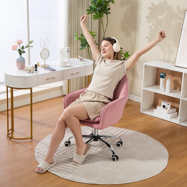 HOMCOM Velvet-Feel Tub Office Chair, with Seat Cushion - Dark Pink