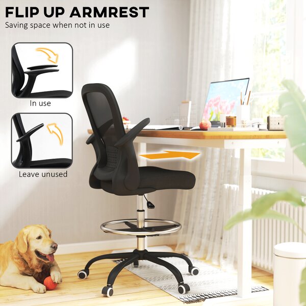 HOMCOM Draughtsman Chair, Mesh Drafting Chair, Ergonomic Office Chair with Flip-up Armrest, Adjustable Foot Ring, Black