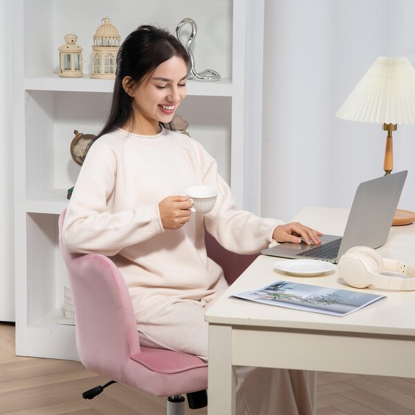 HOMCOM Velvet Office Chair with Petal Shell Back and Lumbar Pillow, Armless Desk Chair with Wide Seat and Tilt Function, Height Adjustable Swivel Makeup Vanity Chair for Bedroom, Pink