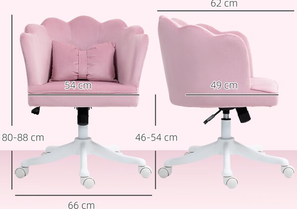 HOMCOM Velvet Office Chair with Petal Shell Back and Lumbar Pillow, Armless Desk Chair with Wide Seat and Tilt Function, Height Adjustable Swivel Makeup Vanity Chair for Bedroom, Pink