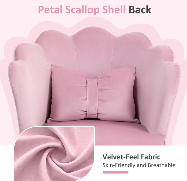 HOMCOM Velvet Office Chair with Petal Shell Back and Lumbar Pillow, Armless Desk Chair with Wide Seat and Tilt Function, Height Adjustable Swivel Makeup Vanity Chair for Bedroom, Pink
