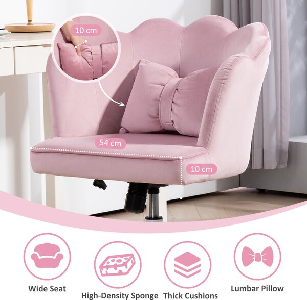 HOMCOM Velvet Office Chair with Petal Shell Back and Lumbar Pillow, Armless Desk Chair with Wide Seat and Tilt Function, Height Adjustable Swivel Makeup Vanity Chair for Bedroom, Pink