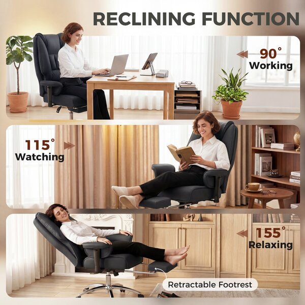 HOMCOM Executive Office Chair, Reclining Desk Chair with Footrest, Adjustable Armrests, Pet Friendly Faux Leather, Black