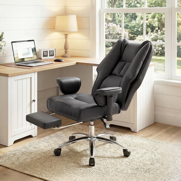 HOMCOM Executive Office Chair, Reclining Desk Chair with Footrest, Adjustable Armrests, Pet Friendly Faux Leather, Black