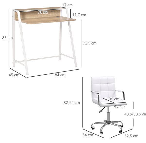HOMCOM Office Chair and Desk Set, Faux Leather Swivel Chair, Study Desk with Storage Shelf, White. Aosom UK