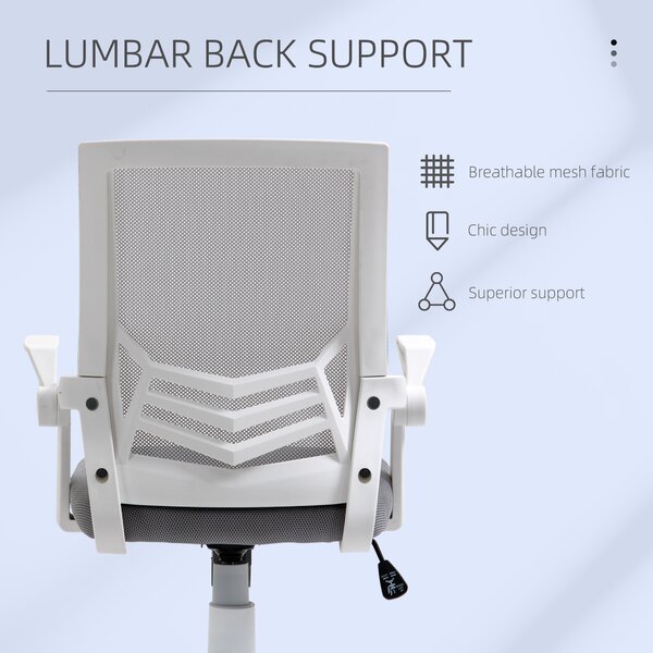 HOMCOM Home Office Furniture Set, Modern Computer Desk with Storage Shelf and Ergonomic Mesh Chair with Flip-Up Arms, Lumbar Support, Adjustable Height, Swivel Wheels, White and Grey