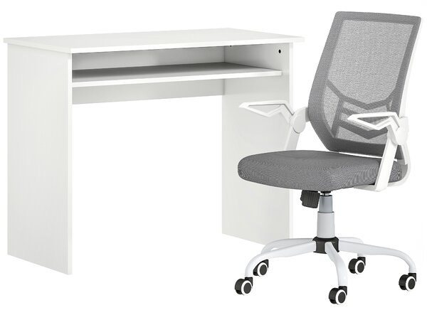 HOMCOM Home Office Furniture Set, Modern Computer Desk with Storage Shelf and Ergonomic Mesh Chair with Flip-Up Arms, Lumbar Support, Adjustable Height, Swivel Wheels, White and Grey