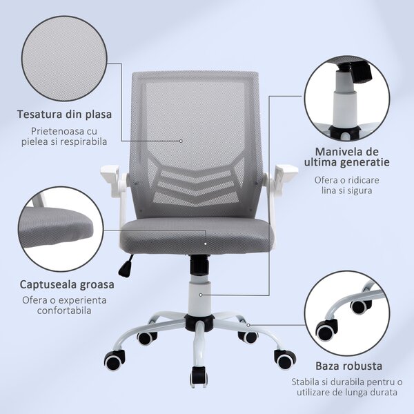HOMCOM Home Office Furniture Set, Modern Computer Desk with Storage Shelf and Ergonomic Mesh Chair with Flip-Up Arms, Lumbar Support, Adjustable Height, Swivel Wheels, White and Grey