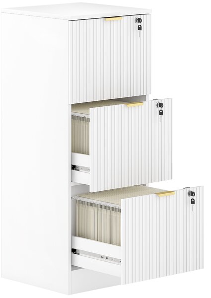 HOMCOM Filing Cabinet, Fluted Vertical File Cabinet with 3 Lockable Drawers and Hanging Rails, White