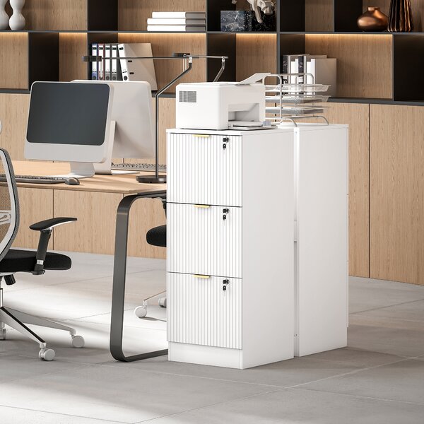 HOMCOM Filing Cabinet, Fluted Vertical File Cabinet with 3 Lockable Drawers and Hanging Rails, White