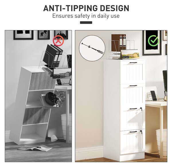 HOMCOM 4 Drawer Filing Cabinet with Lock, Office Storage Cabinet with Adjustable Hanging Bars for A4 Letter Size Files, White
