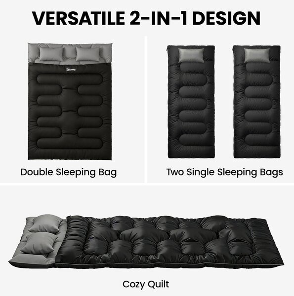 Outsunny Double Sleeping Bag with 2 Pillows, 220 x 160 cm Extra-Large Sleeping Bag for Adults, Black