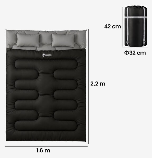 Outsunny Double Sleeping Bag with 2 Pillows, 220 x 160 cm Extra-Large Sleeping Bag for Adults, Black