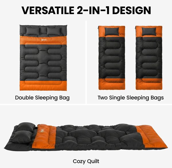 Outsunny Double Sleeping Bag with 2 Pillows, 220 x 160 cm Extra-Large Sleeping Bag for Adults, Grey and Orange