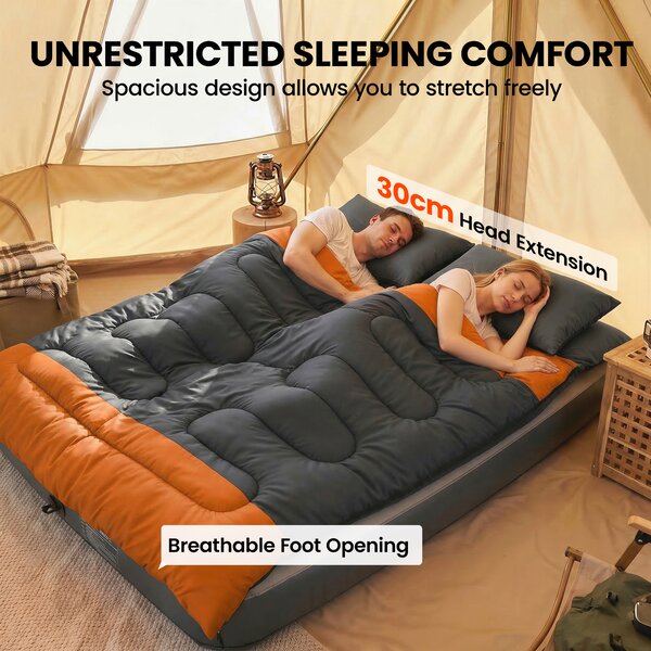 Outsunny Double Sleeping Bag with 2 Pillows, 220 x 160 cm Extra-Large Sleeping Bag for Adults, Grey and Orange