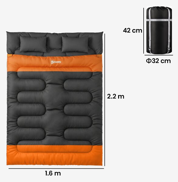 Outsunny Double Sleeping Bag with 2 Pillows, 220 x 160 cm Extra-Large Sleeping Bag for Adults, Grey and Orange