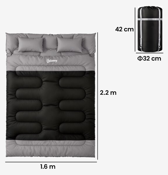 Outsunny Double Sleeping Bag with 2 Pillows, 220 x 160 cm Extra-Large Sleeping Bag for Adults, Black and Grey