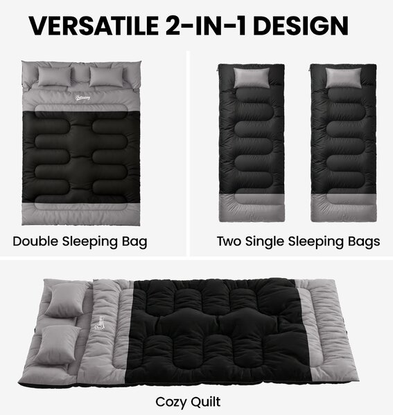 Outsunny Double Sleeping Bag with 2 Pillows, 220 x 160 cm Extra-Large Sleeping Bag for Adults, Black and Grey