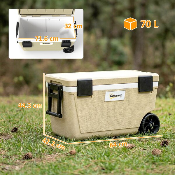 Outsunny 70L Insulated Cool Box with Wheels, Portable Ice Cooler with Handle, Lid and Drain Valve, Khaki