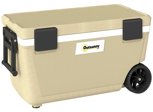 Outsunny 70L Insulated Cool Box with Wheels, Portable Ice Cooler with Handle, Lid and Drain Valve, Khaki
