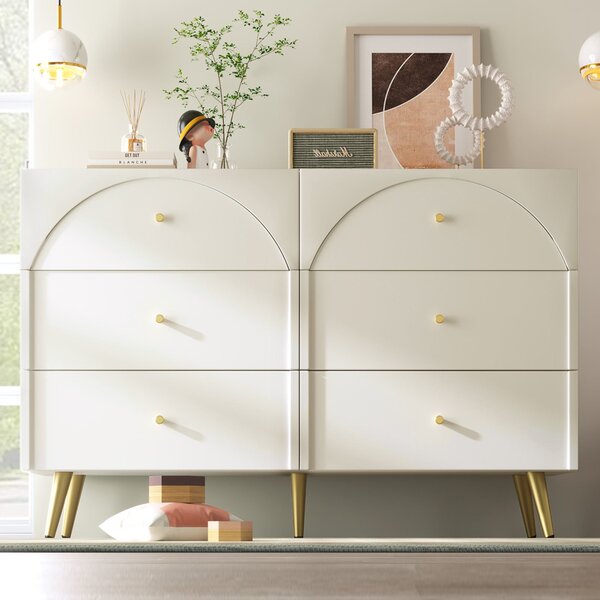 Height Ajustable Sideboard with 6 Sliding Drawers, Minimalist Cabinet with Sturdy Wood and Metal Construction, 120L x 40W x 85H cm, White Aosom.UK