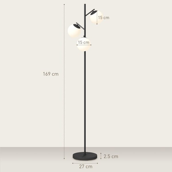 HOMCOM 3-Light Tree Floor Lamps for Living Room, Modern Standing Lamp for Bedroom with Globe Lampshade, Steel Base, Bulb not Included, Black