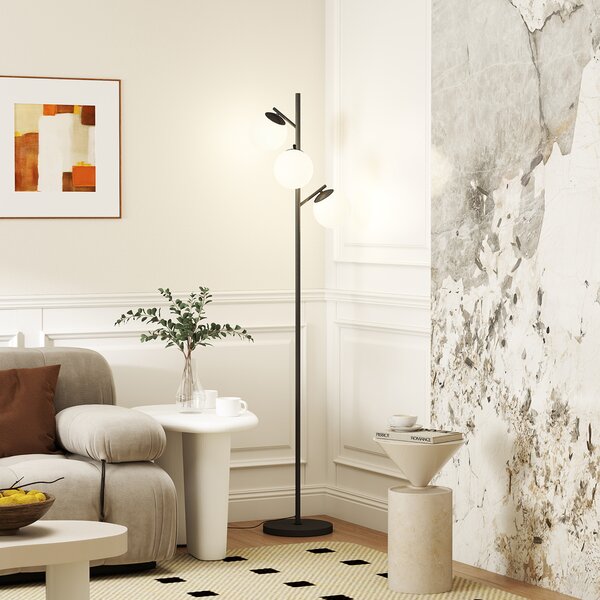 HOMCOM 3-Light Tree Floor Lamps for Living Room, Modern Standing Lamp for Bedroom with Globe Lampshade, Steel Base, Bulb not Included, Black
