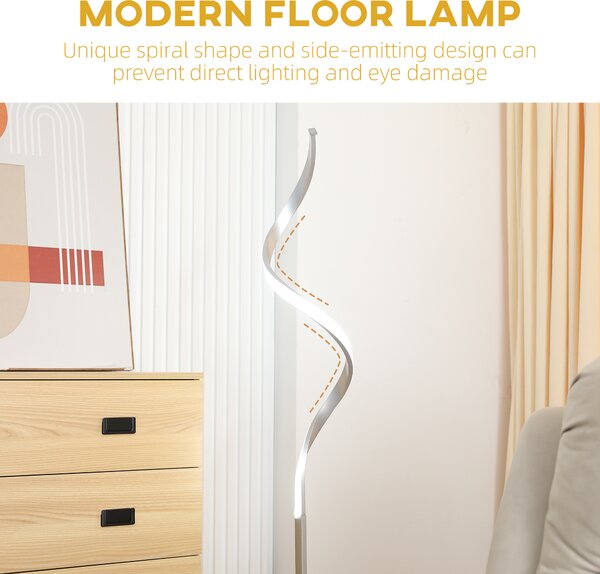 HOMCOM Dimmable Floor Lamp for Living Room, Modern Spiral Standing Lamp with 3 Adjustable Brightness and Square Base, Silver Aosom UK