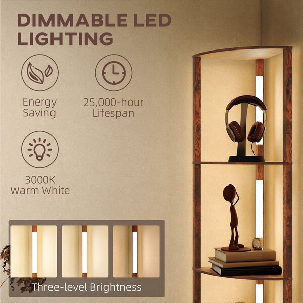 HOMCOM Floor Standing Lamp with Shelves, LED Floor Lamp with 3000K Dimmable Warm White Light for Living Room Bedroom, Rustic Brown Aosom UK