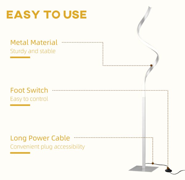HOMCOM Dimmable Floor Lamp for Living Room, Modern Spiral Standing Lamp with 3 Adjustable Brightness and Square Base, Silver Aosom UK