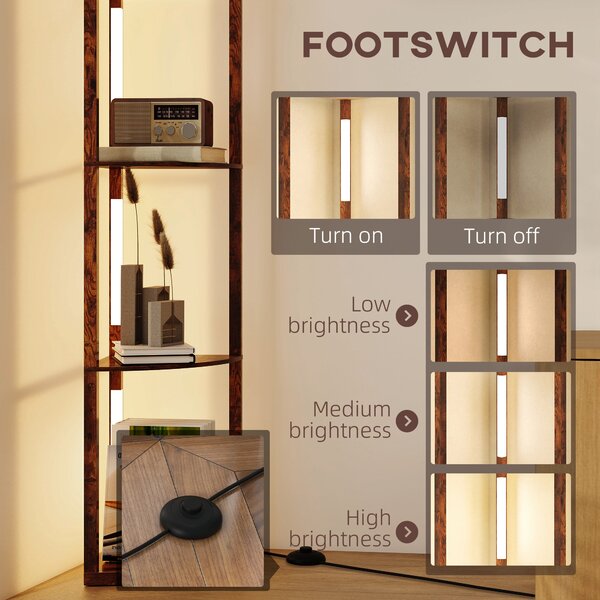 HOMCOM Floor Standing Lamp with Shelves, LED Floor Lamp with 3000K Dimmable Warm White Light for Living Room Bedroom, Rustic Brown Aosom UK