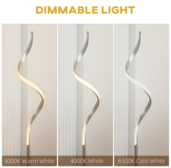 HOMCOM Dimmable Floor Lamp for Living Room, Modern Spiral Standing Lamp with 3 Adjustable Brightness and Square Base, Silver Aosom UK