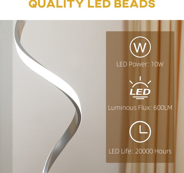 HOMCOM Dimmable Floor Lamp for Living Room, Modern Spiral Standing Lamp with 3 Adjustable Brightness and Square Base, Silver Aosom UK