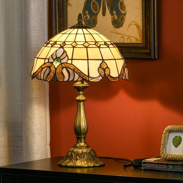 HOMCOM Stained Glass Bedroom Table Lamp, Handmade Antique Bedside Light, Decorative Night Light for Bedroom, Living Room, Home Aosom UK