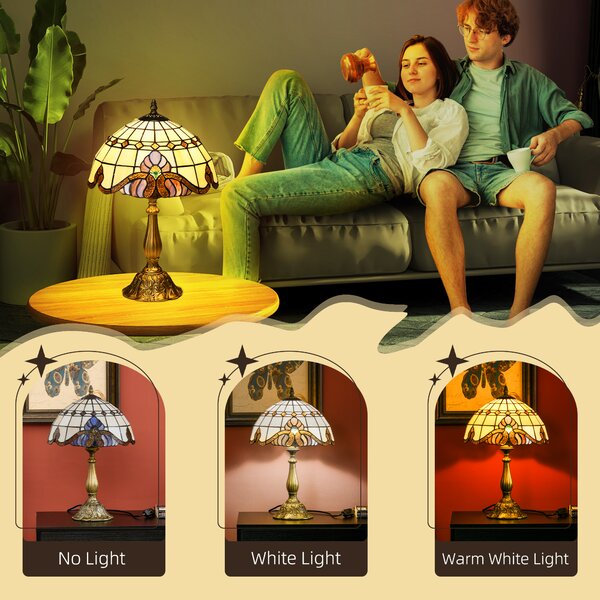 HOMCOM Stained Glass Bedroom Table Lamp, Handmade Antique Bedside Light, Decorative Night Light for Bedroom, Living Room, Home Aosom UK