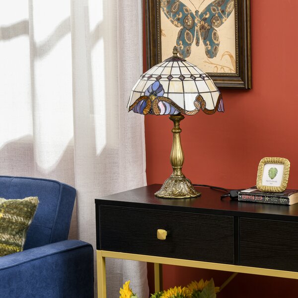 HOMCOM Stained Glass Bedroom Table Lamp, Handmade Antique Bedside Light, Decorative Night Light for Bedroom, Living Room, Home Aosom UK