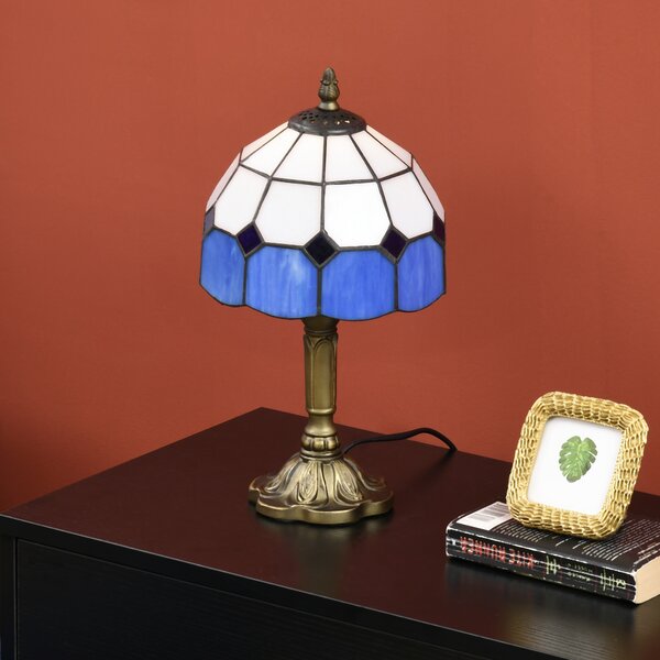 HOMCOM Handmade Stained Glass Bedroom Table Lamp, Antique Bedside Light for Bedroom, Living Room, Home, Decorative Night Light, Blue Aosom UK