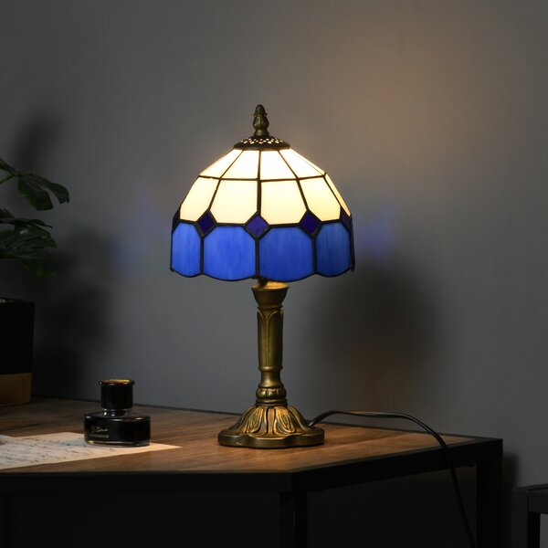HOMCOM Handmade Stained Glass Bedroom Table Lamp, Antique Bedside Light for Bedroom, Living Room, Home, Decorative Night Light, Blue Aosom UK