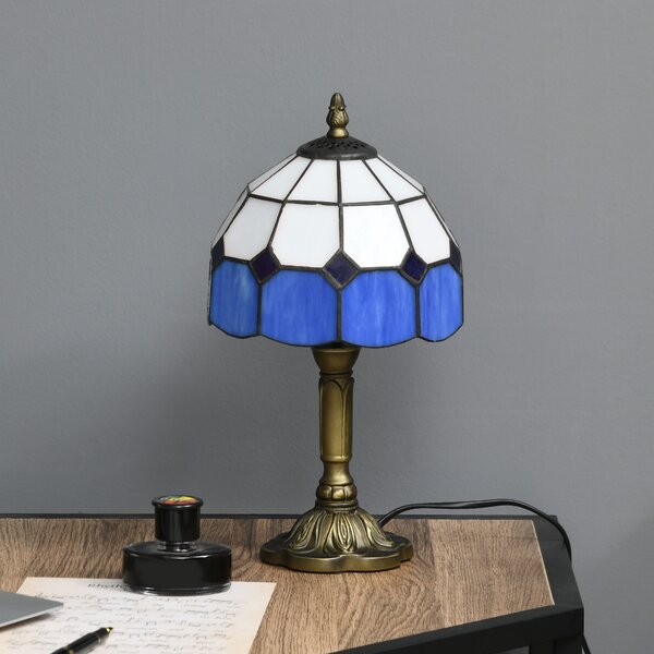 HOMCOM Handmade Stained Glass Bedroom Table Lamp, Antique Bedside Light for Bedroom, Living Room, Home, Decorative Night Light, Blue Aosom UK