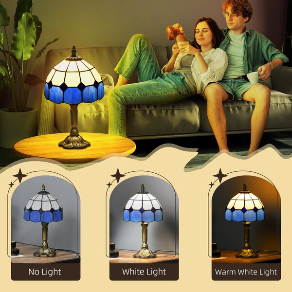HOMCOM Handmade Stained Glass Bedroom Table Lamp, Antique Bedside Light for Bedroom, Living Room, Home, Decorative Night Light, Blue Aosom UK